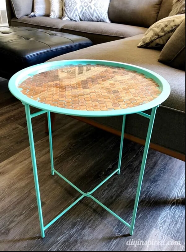 Conversation-Starting Seafoam Side Table Topped with Pennies