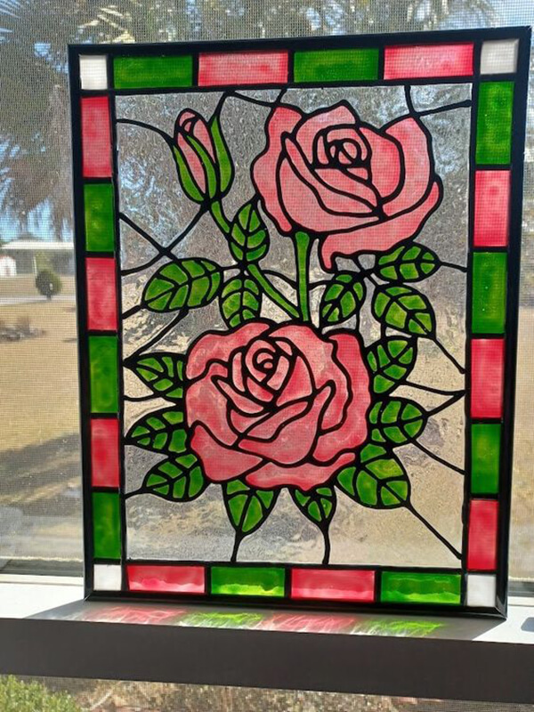 Pink Rose Hand Painted Stained Glass