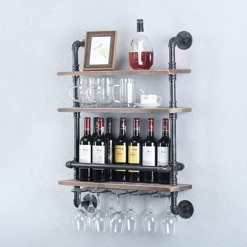 Industrial Pipe and Pine Wine Rack Shelf