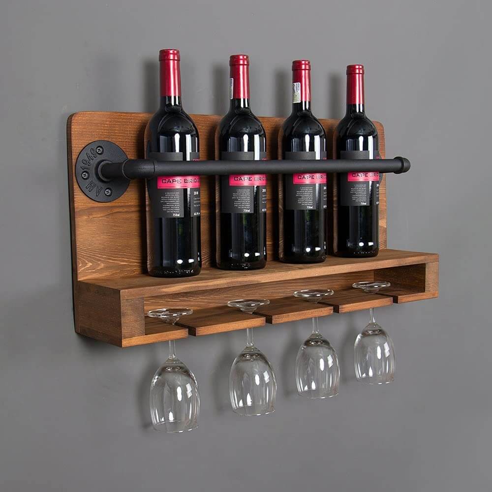 Walnut and Pipe Industrial-Style Wine Rack