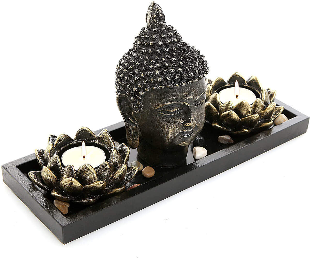 Iron-Toned Buddhist Tray with Lotus Candle Holders
