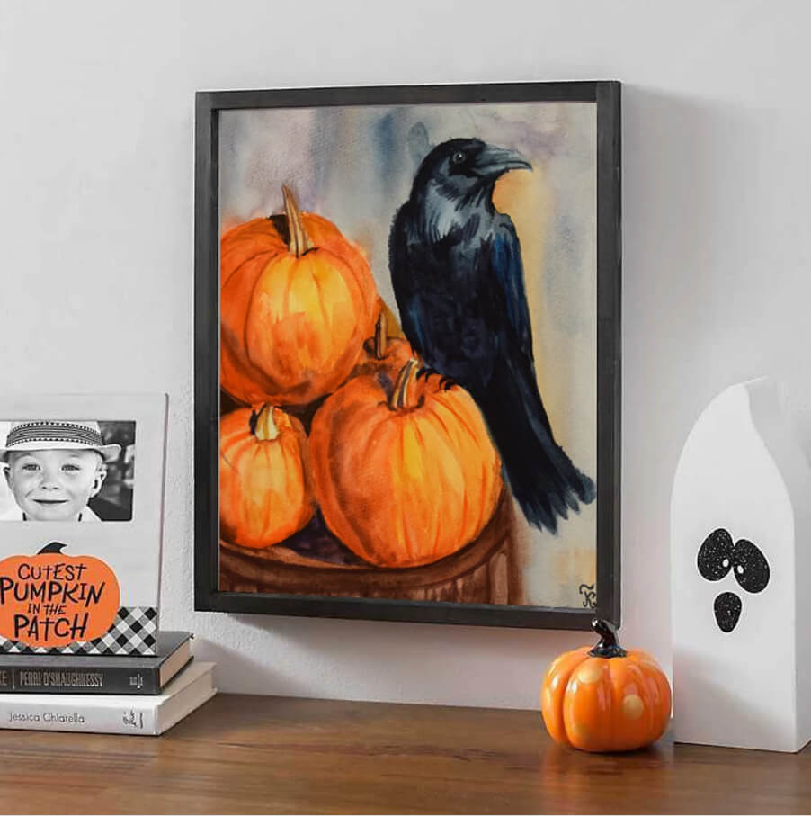Raven Pumpkin Halloween Watercolor Print