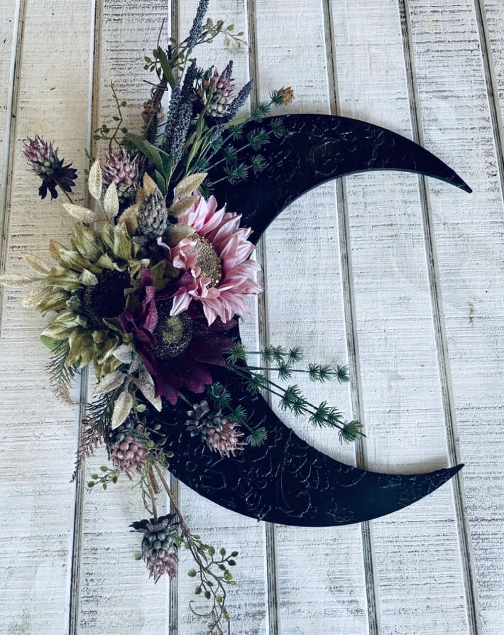 Wooden Botanical Crescent Moon Wreath