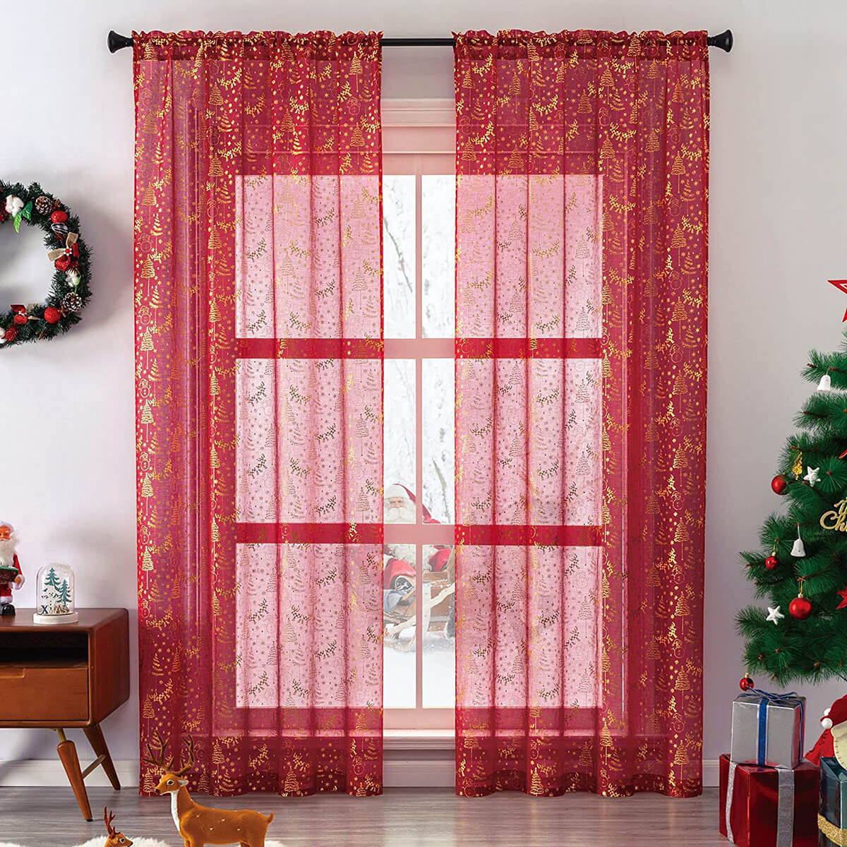 Sheer Red and Gold Christmas Curtain Design