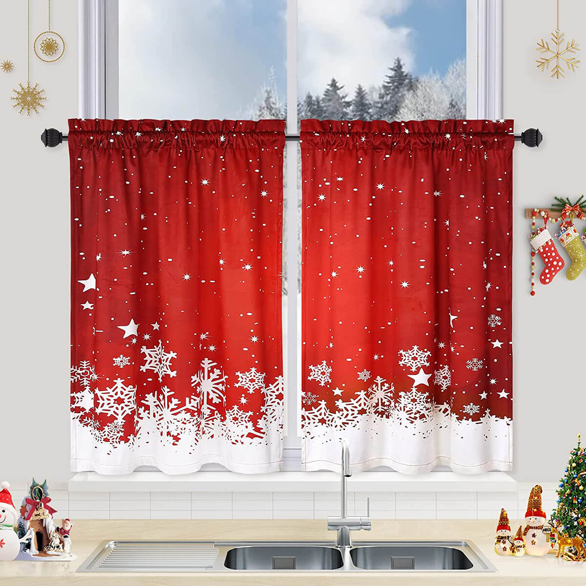 Asymmetrical Red Velvet Snowfall Tiered Curtains