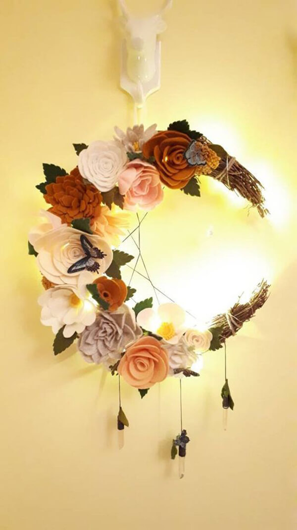 Felt Flower Crescent Moon Wreath