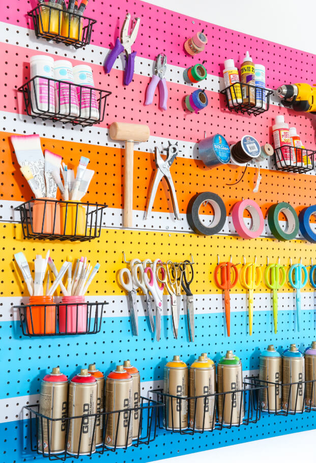 Beautiful DIY Rainbow Pegboard Storage