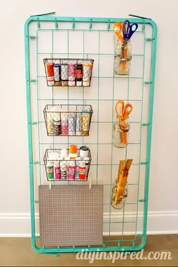 Repurposed Bed Spring Craft Room Storage