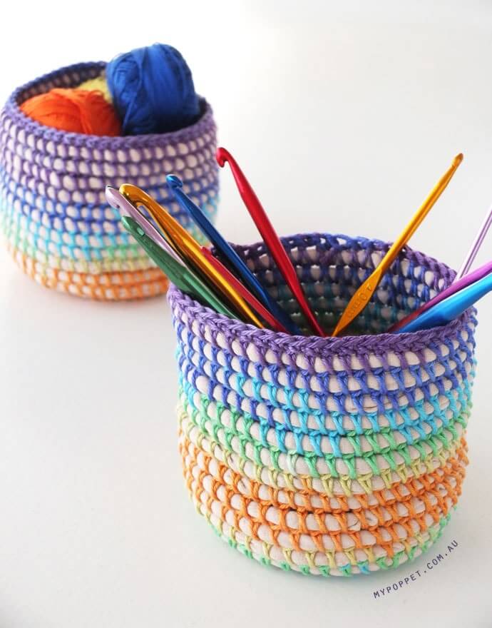 Rainbow-Swathed Rope Coil Baskets