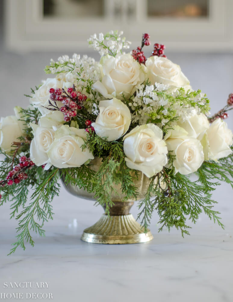 White Rose and Pine Water Centerpiece