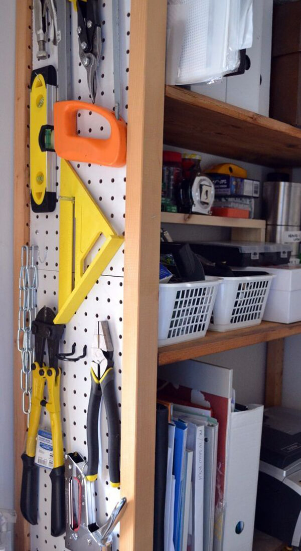 Upcycled Pegboard Bookshelf Garage Shelving