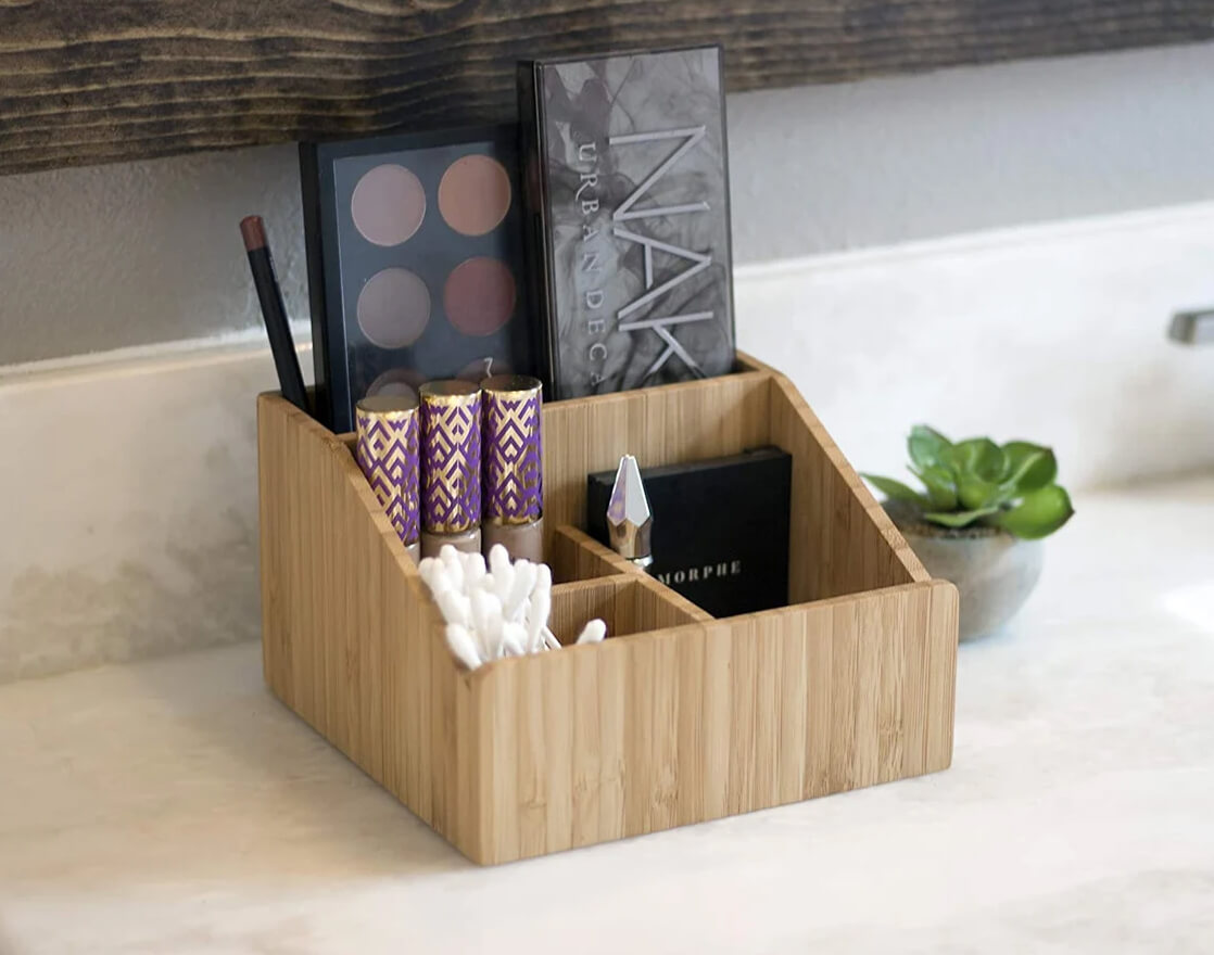 Wood 4 Compartment Makeup Organizer