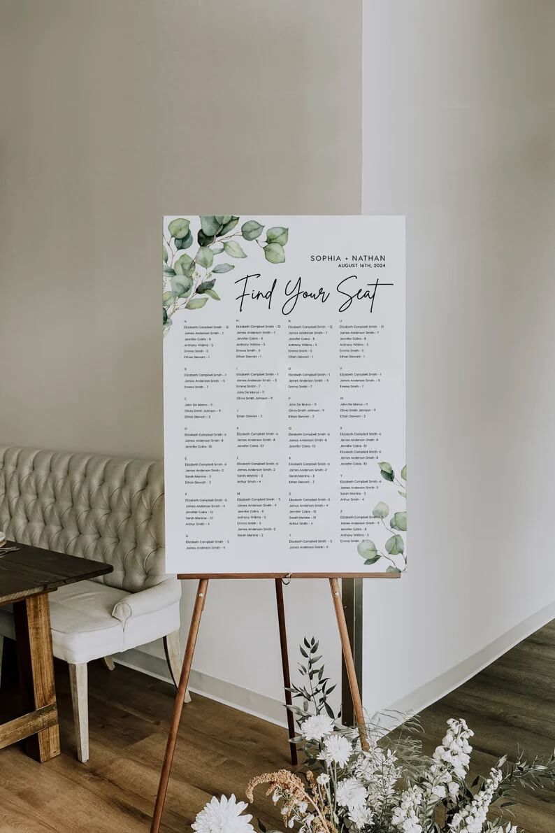 Alphabetized Wedding Seating Chart with Botanical Artwork