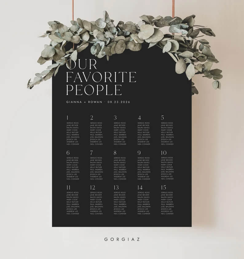 Minimalist White-on-Black Our Favorite People Seating Chart