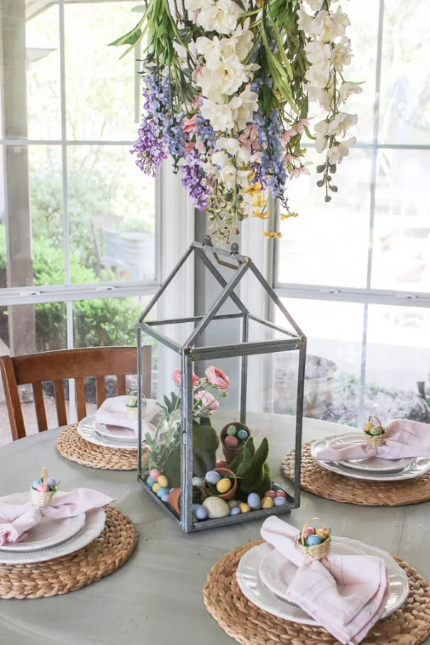 Spring Flowers Suspended Above an Easter-Themed Centerpiece