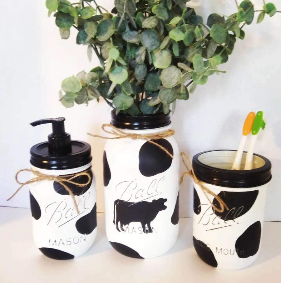 Set of Three Cow-Patterned Canning Jars