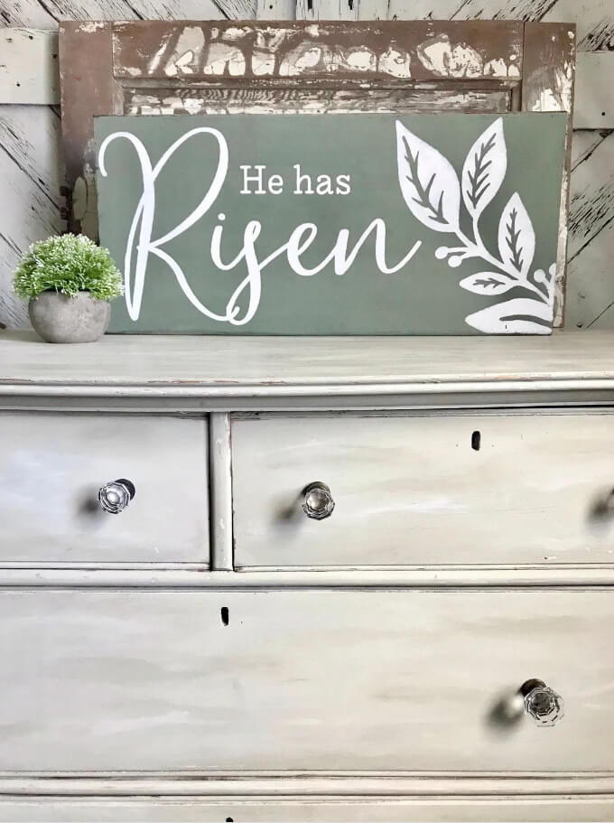 Handmade He Has Risen Sign in Sage