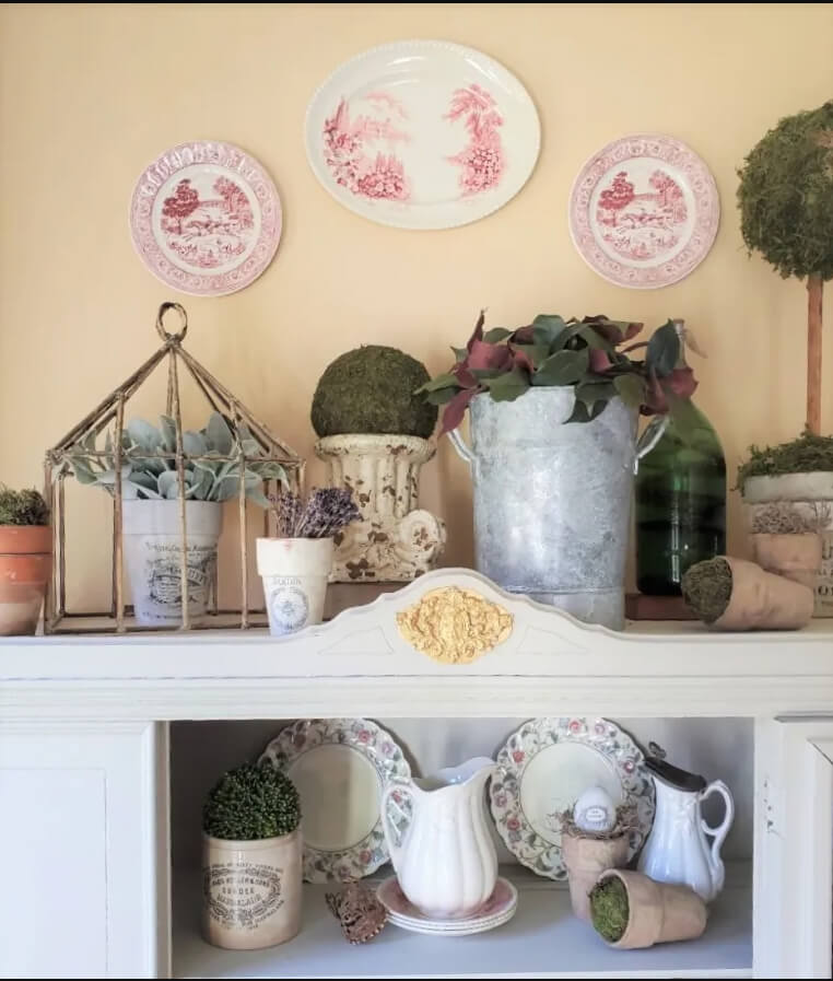 Vintage Springtime Plant Themed Mantel Decor