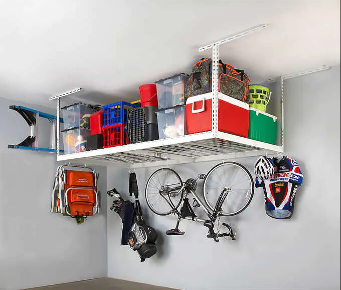 Overhead Garage Storage Racks with Accessory Hooks