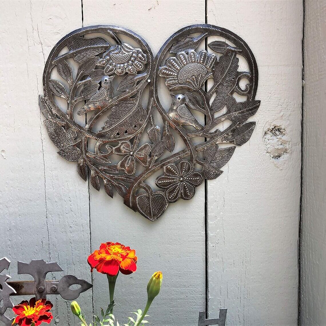 Recycled Steel Heart with Flowers and Birds