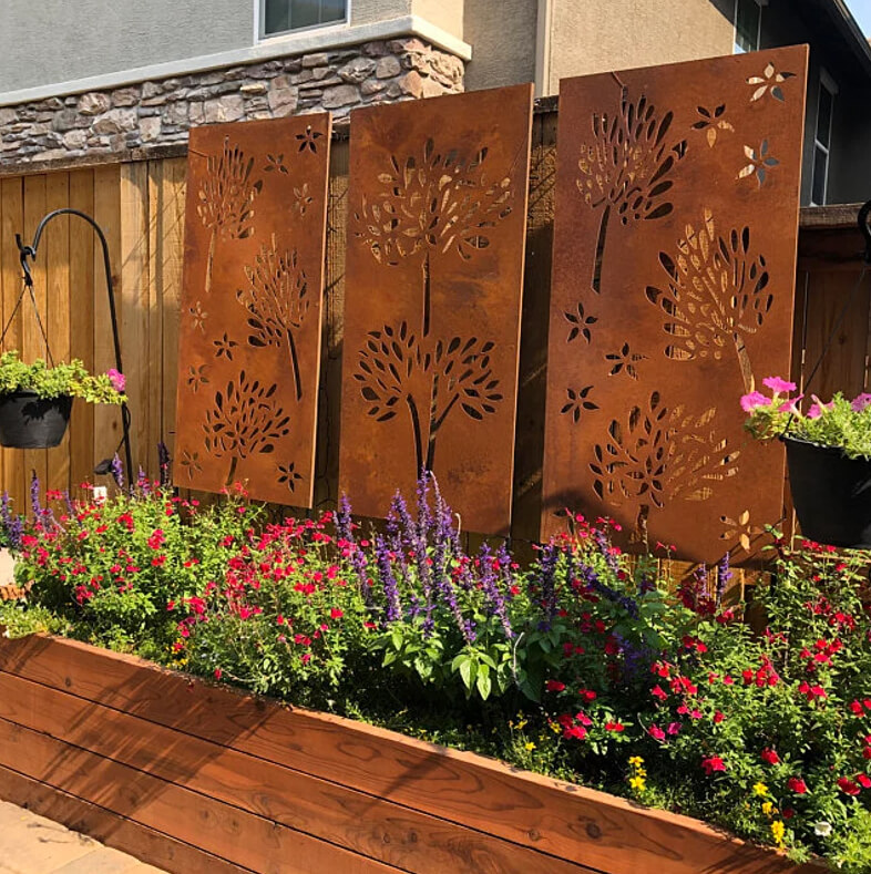 Rust-Colored Patterned Metal Privacy Screen Panels