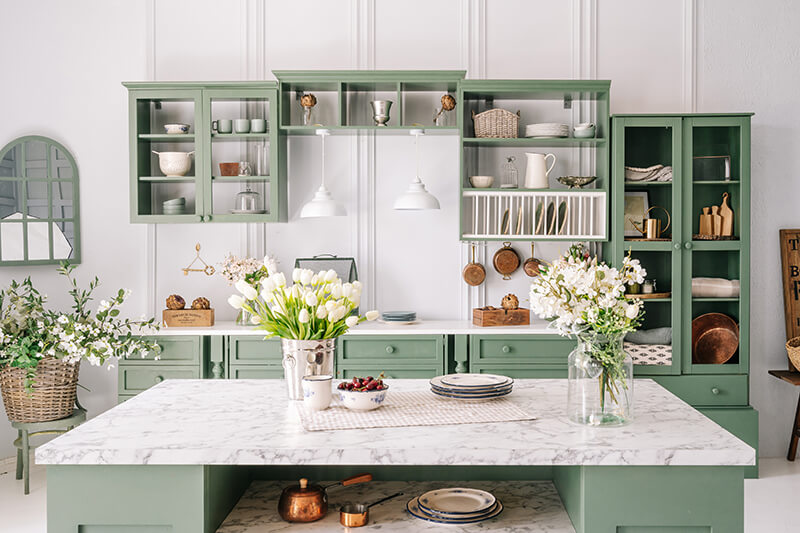 Vintage kitchen with green cabinets